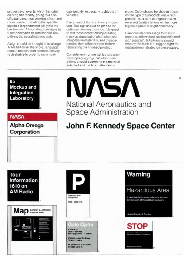 NASA's Style Guide from 1976, featuring guidance for signage typography to ensure high visibility.