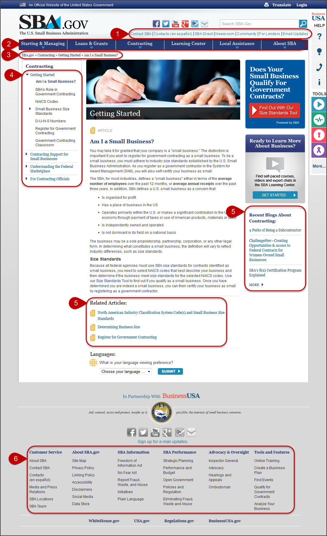 U.S. Small Business Administration homepage, showing navigation types in the layout
