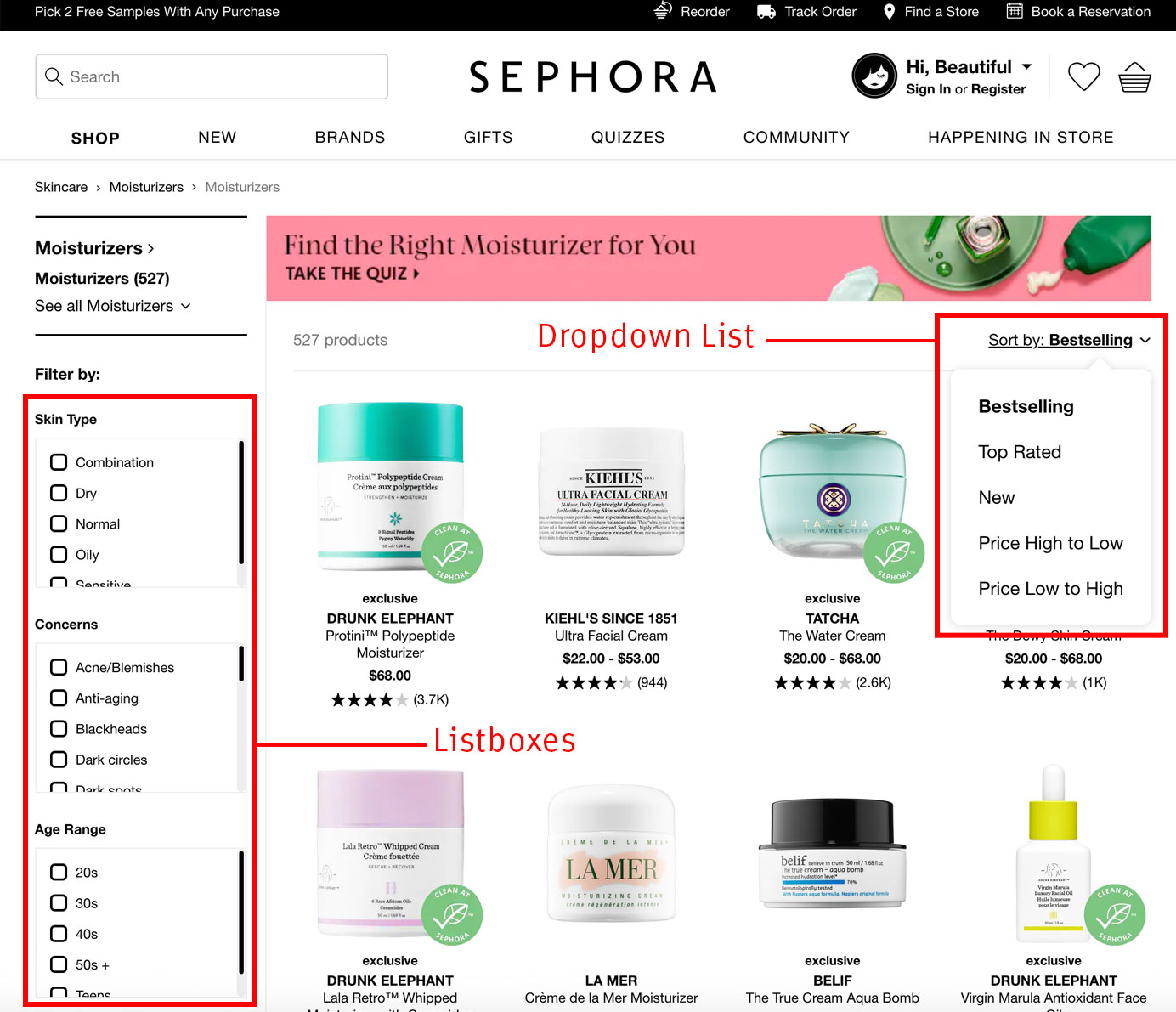 Example of how Sephora uses listboxes for their filters and a dropdown to sort products. 
