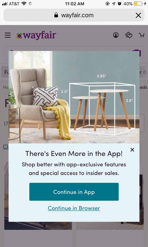 Wayfair interrupted users with a popup for their app.