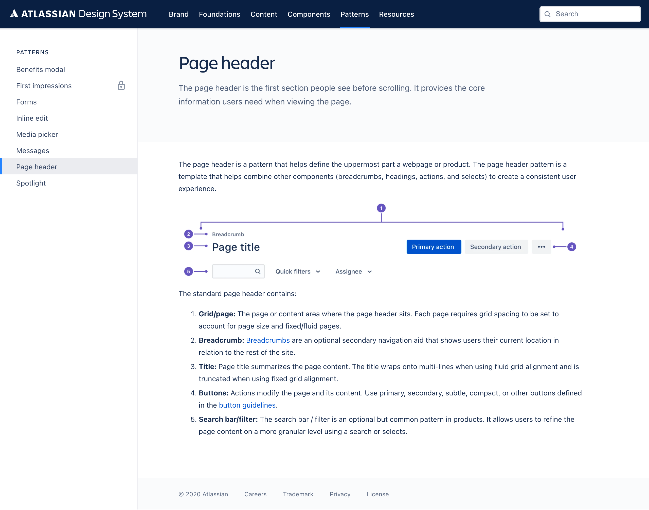 Atlassian's Pattern Library, demonstrating the Page Header pattern (and the components which comprise it)