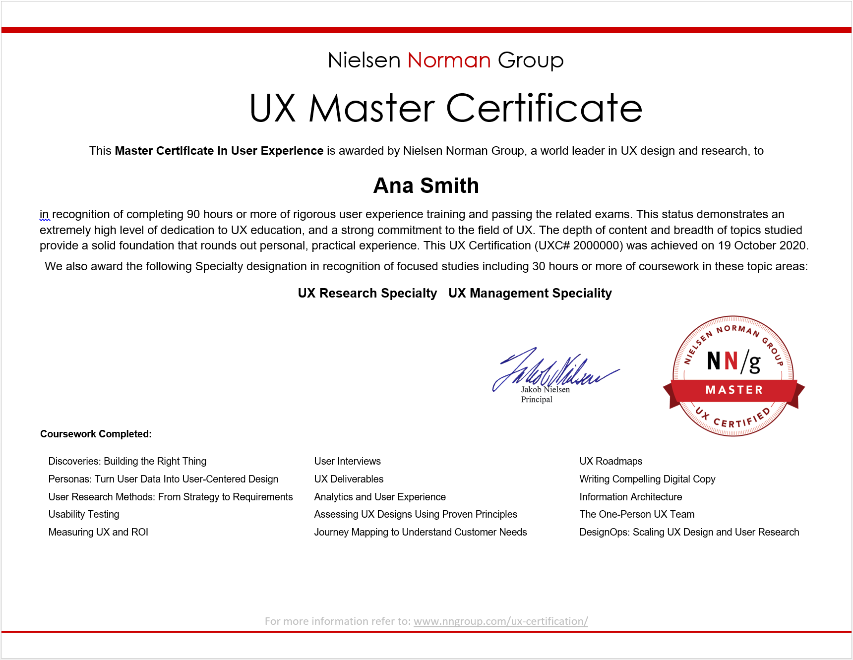 Example UX Master Certificate
