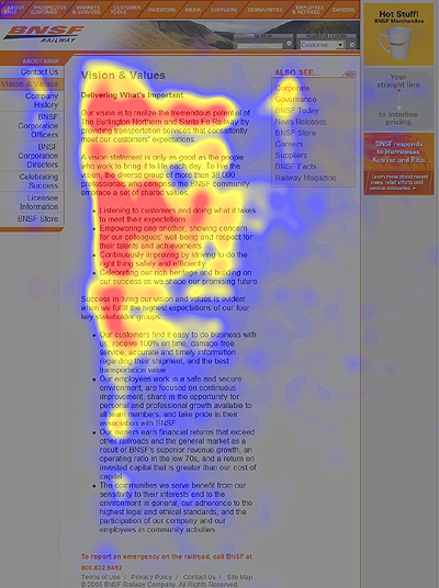 Eyetracking heatmap of the About Us page of a corporate website.