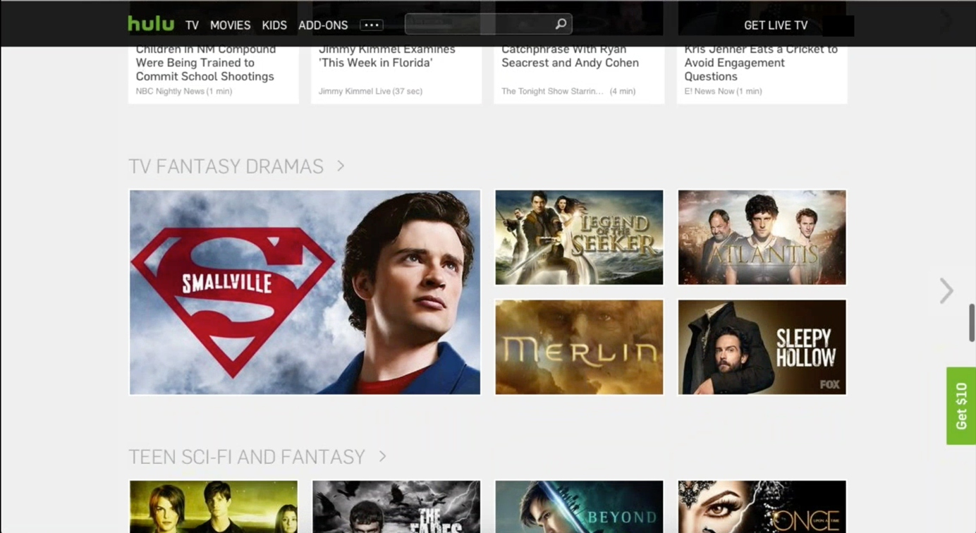 Screenshot of portion of Hulu page