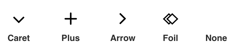The specific icons tested: downward-facing caret, plus, right-facing arrow, a nonsense foil icon, and no icon