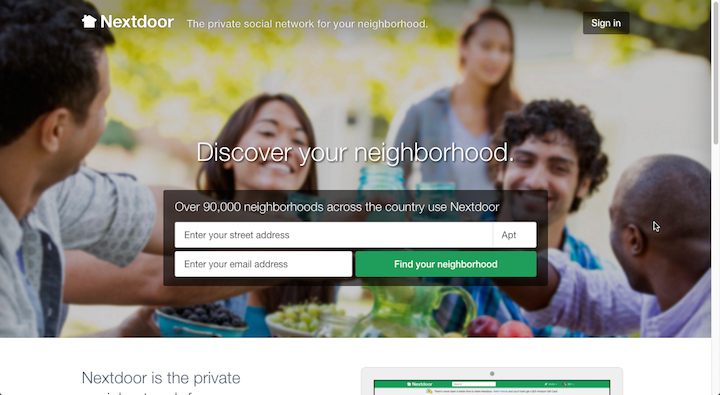 Nextdoor.com homepage with form asking for street address and email