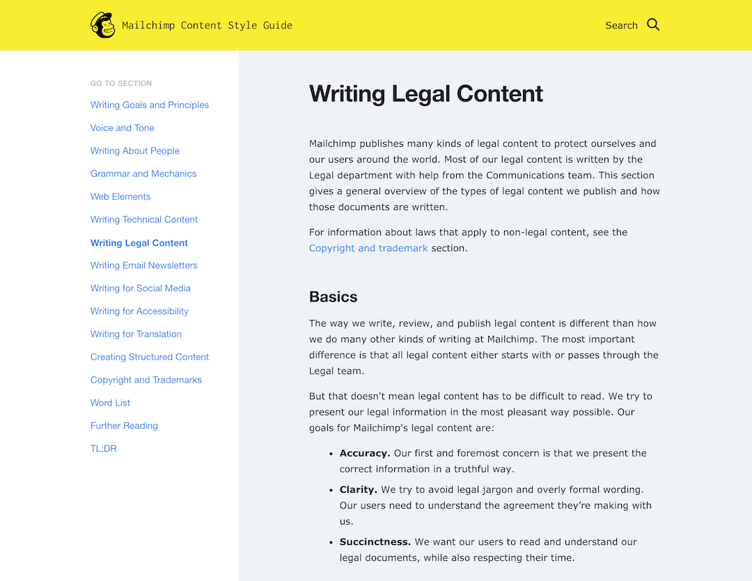 MailChimp's Content Style Guide, which features guidance for legal copy