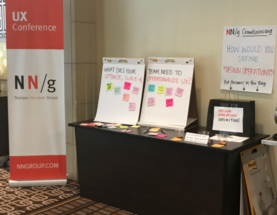 Crowdsourcing station at an NN/g conference with a place to post up sticky note responses