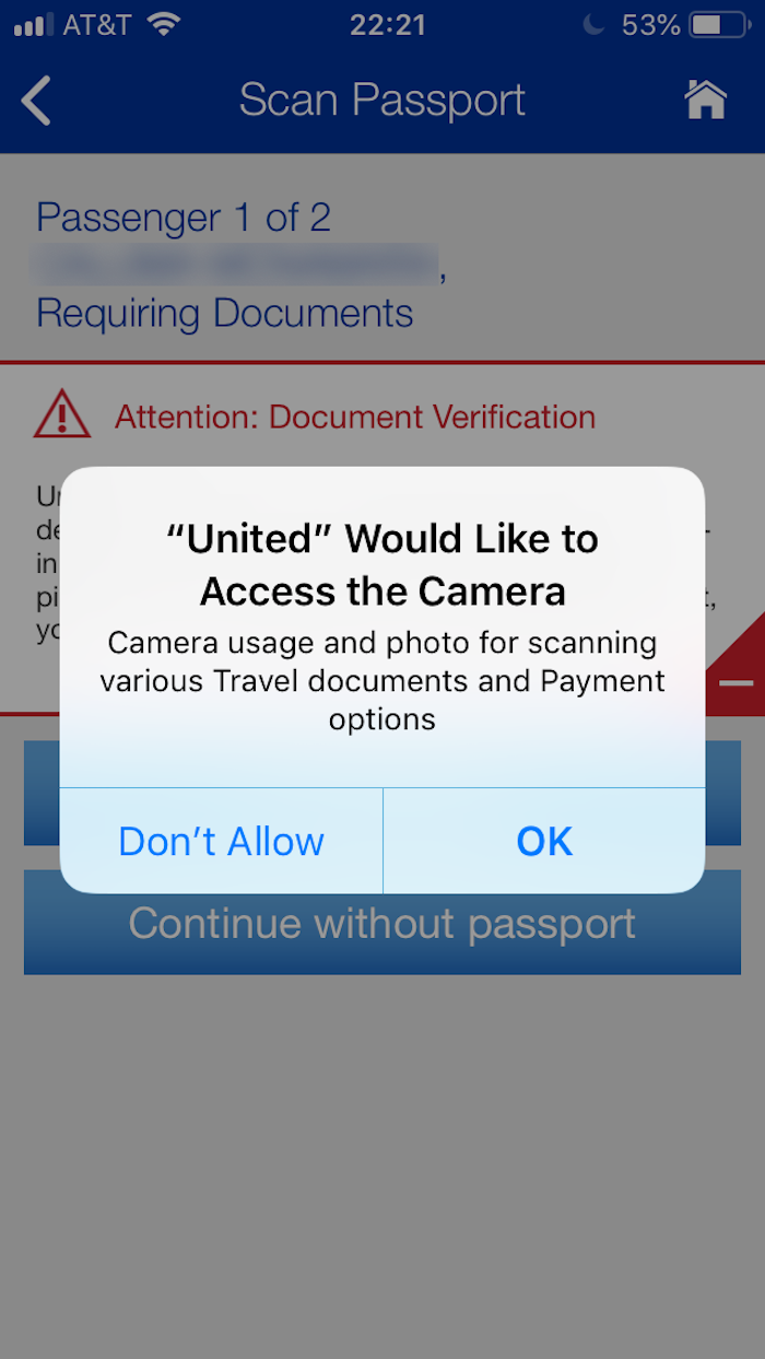 An image of an iOS permission request from United Airlines' mobile app. Permission reads: United would like to access your camera. Camera usage and photo for scanning various Travel documents and Payment options.