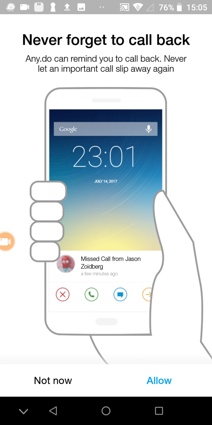 A gif of a productivity app on Android. The screen in the app says "Never forget to call back. Any.do can remind you to call back. Never let an important call slip away. If the user selects the 'allow' button two Android permission requests appear asking for access to contacts and for the app to manage and make phone calls.