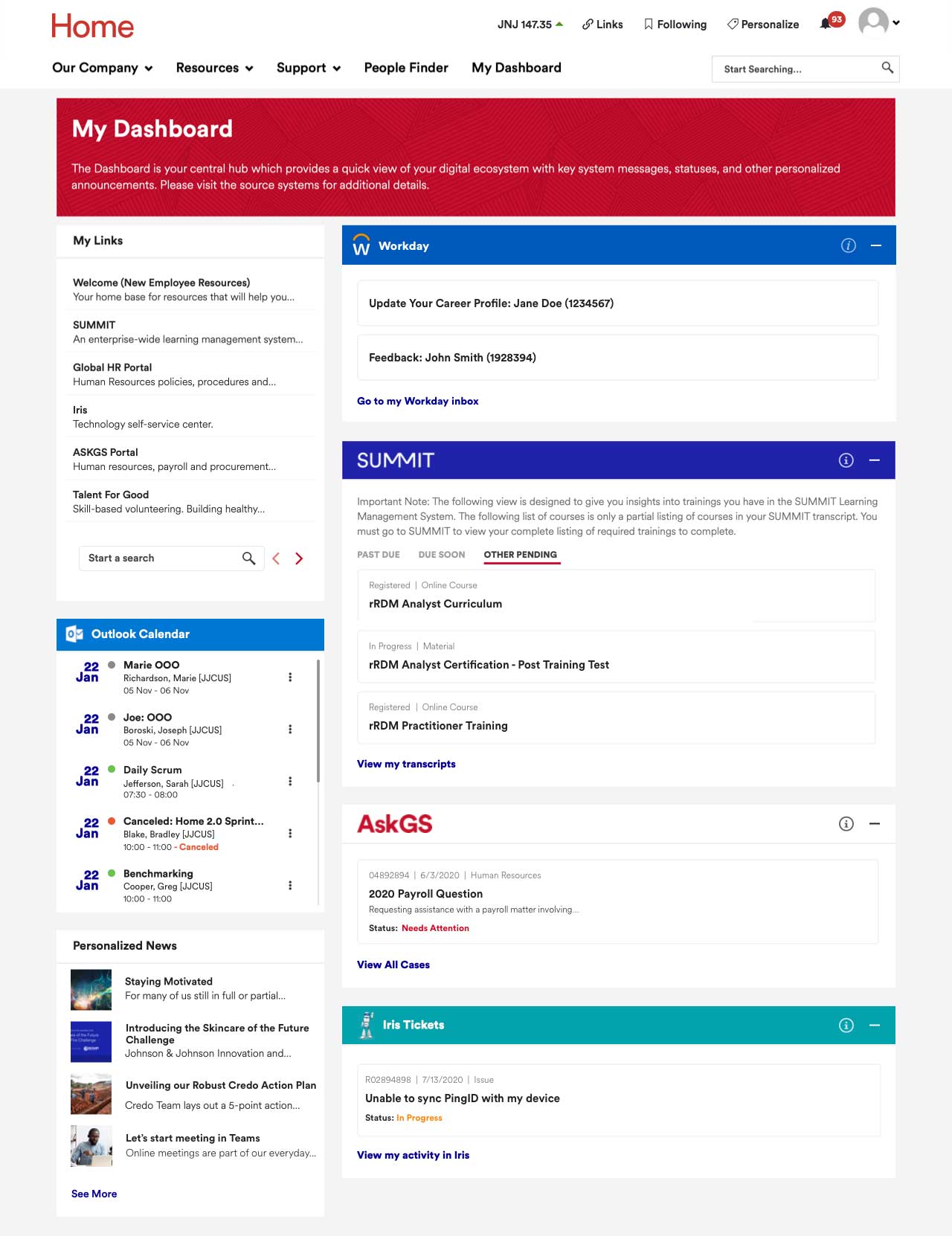 Johnson & Johnson's employee dashboard on the intranet.