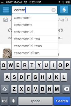 Typing into the search changes the words on the suggestion list with each character typed.