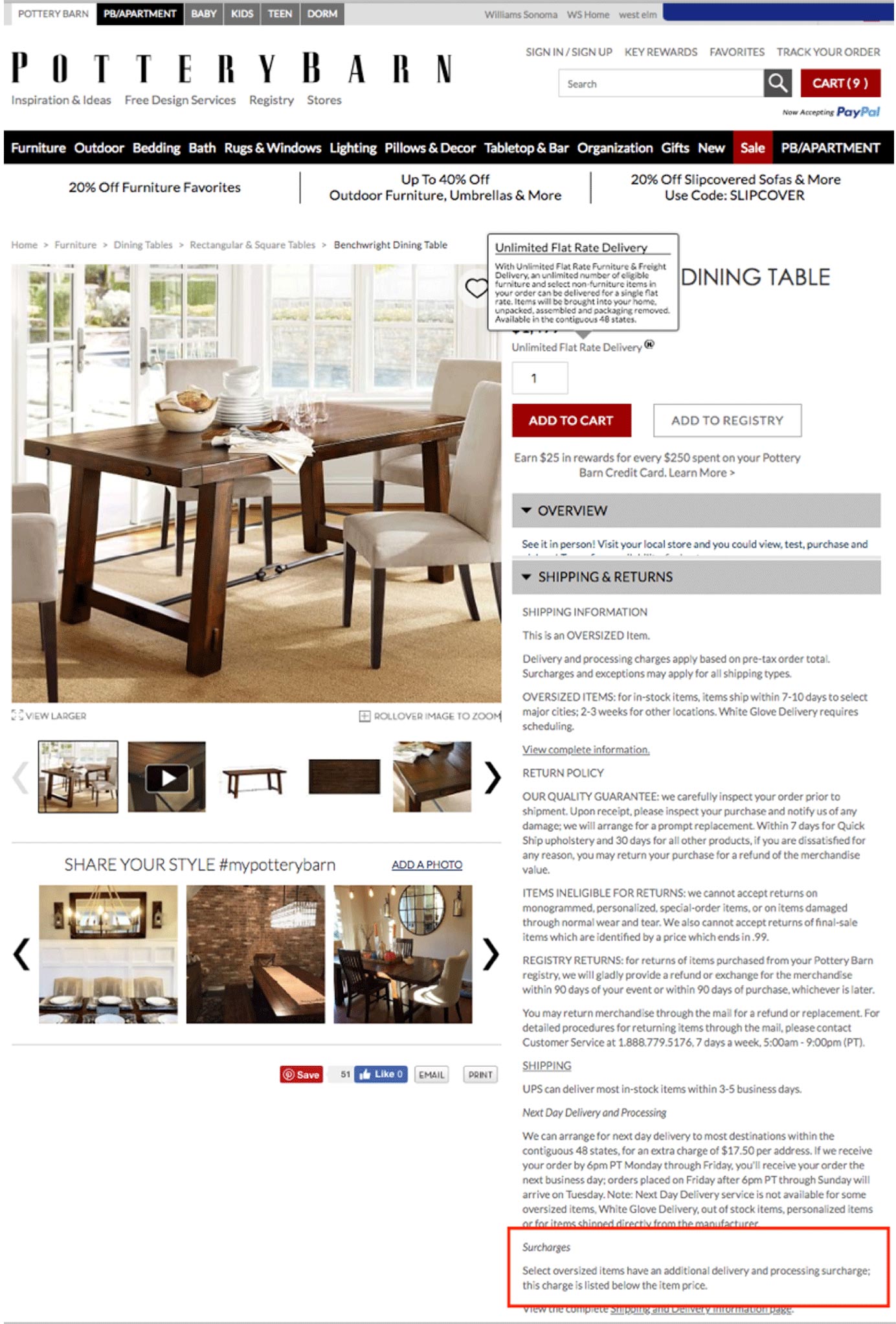 Pottery Barn Product Page Surcharge