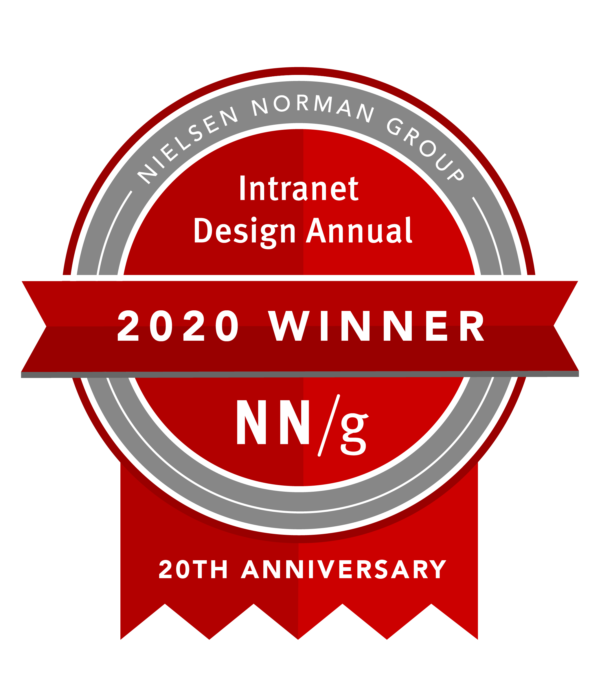 ​ Red, round badge: Nielsen Norman Group Intranet Design Annual 2020 Winner NN/g logo, 20th Anniversary