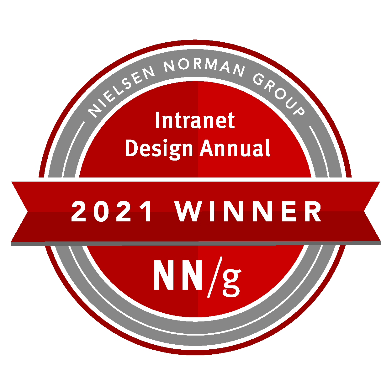 Red round badge with text: Nielsen Norman Group Intranet Design Annual 2021 Winner 