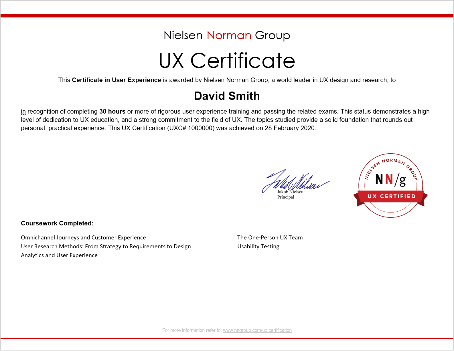 Example UX Certificate