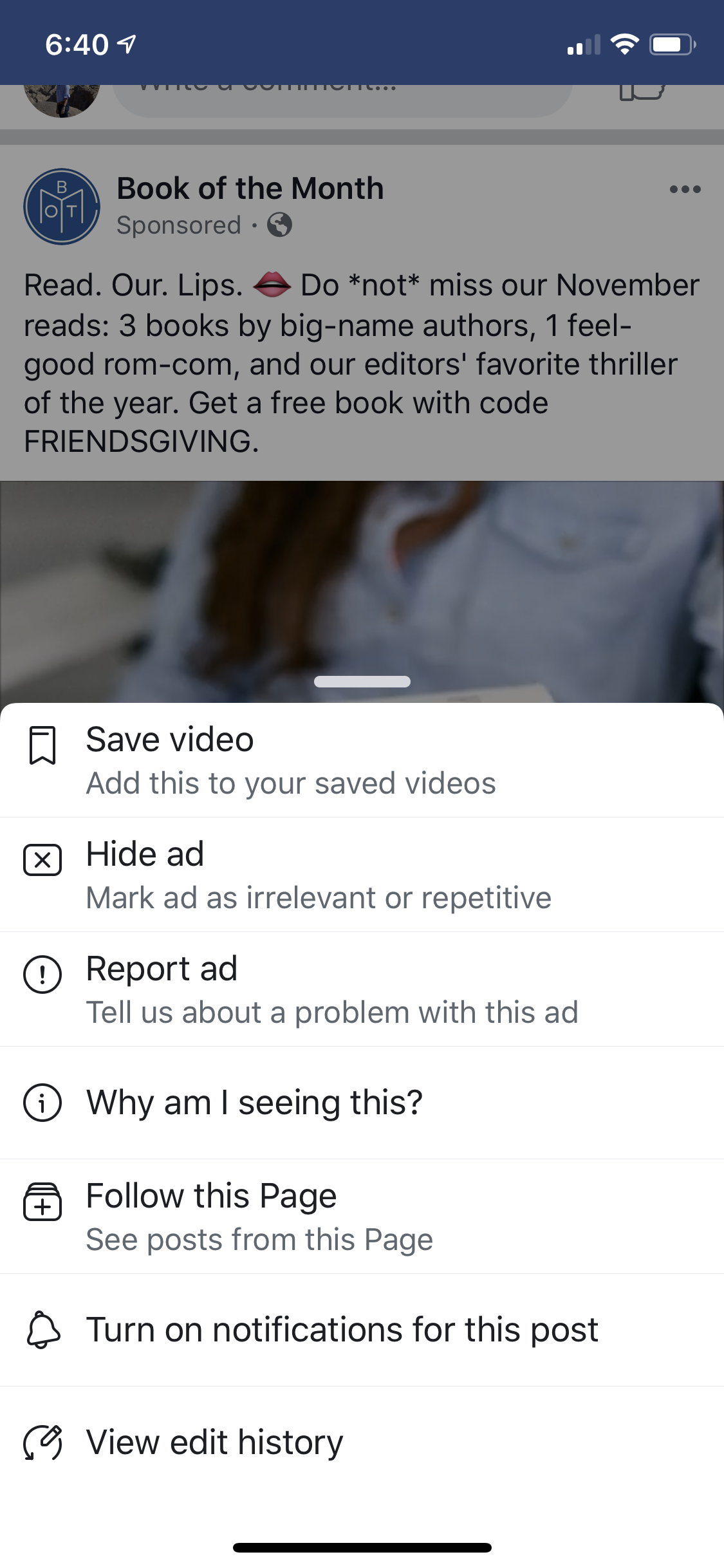 Facebook more button associated to an ad