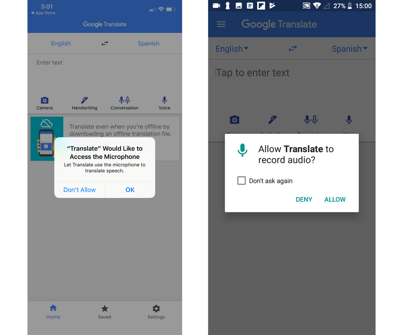 An image of the permission requests from Google Translate on iOS and Android side-by-side. The permission request asks the user to allow Google Translate access the microphone to enable dictation.