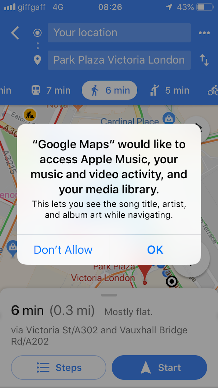 An image of a permission request from Google Maps in iOS. The permission message appears after the user has selected their destination and is about to start navigating. The permission request reads: Google Maps would like to access Apple Music, your music and video activity, and your media library.