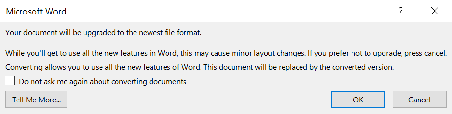 Microsoft Word confirmation dialog with progressive disclosure