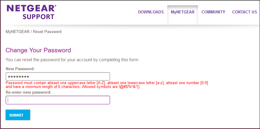 Netgear website screen with password reset error