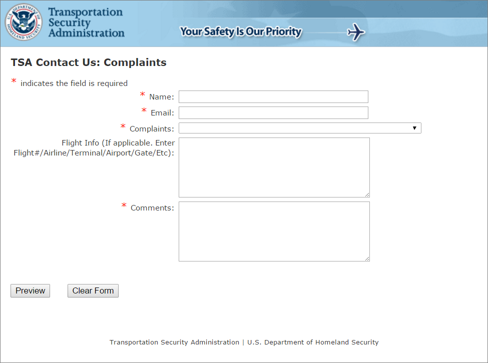 TSA complaints form has a Clear Form button