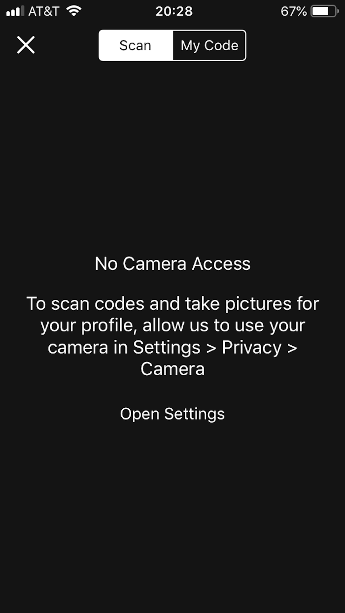 An image of a screen in the Venmo app in iOS when the app doesn't have permission to access the camera. The text reads: No camera access. To scan codes and take pictures for your profile, allow us to use your camera in Settings > Privacy > Camera. Open Settings.